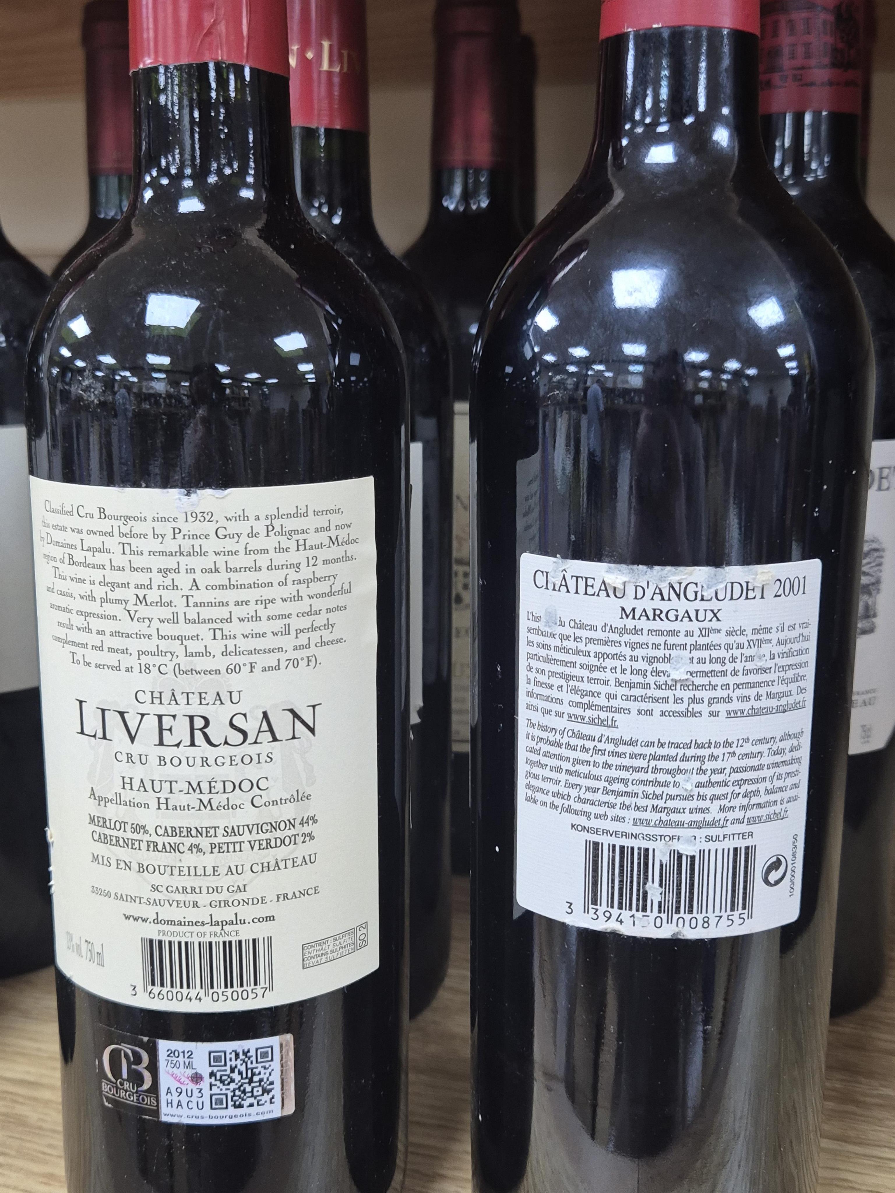 Chateau Liversan, 2012, three bottles, Chateau Monbrison Margaux, 2000, four bottles, and Chateau d’Angludet, 1996 and 2001, three bottles